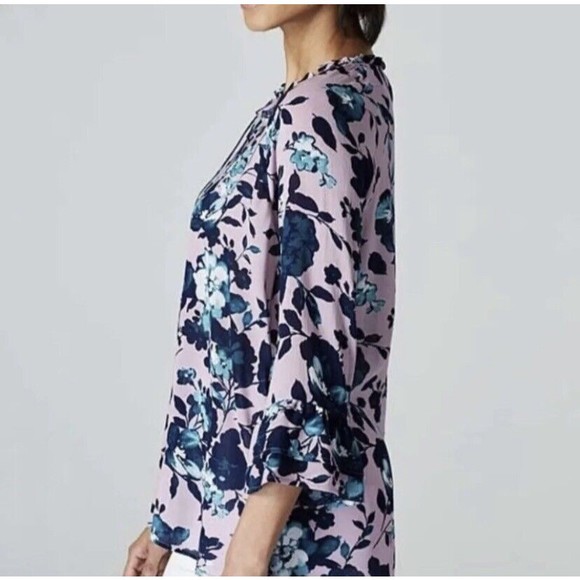 J.Jill Mauve Beautiful Blossoms Blouse Size XS Floral Ruffle Sleeve Tie Neck NEW - Picture 10 of 12